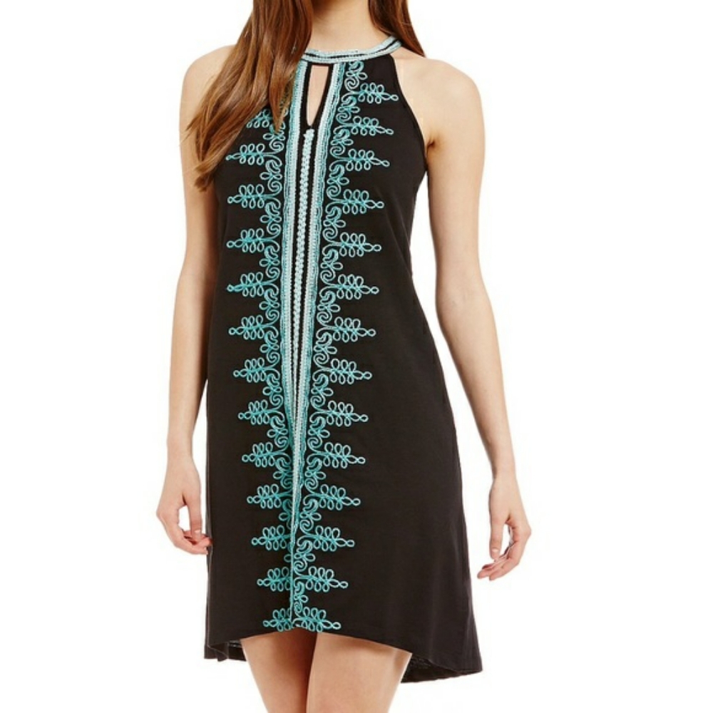 Elegant Black Mini Dress with Blue Detailing